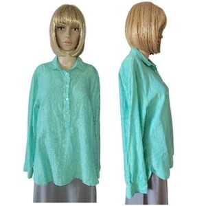 SOUTHERN TIDE Linen Henley Top, M, Aqua/ Teal, EUC